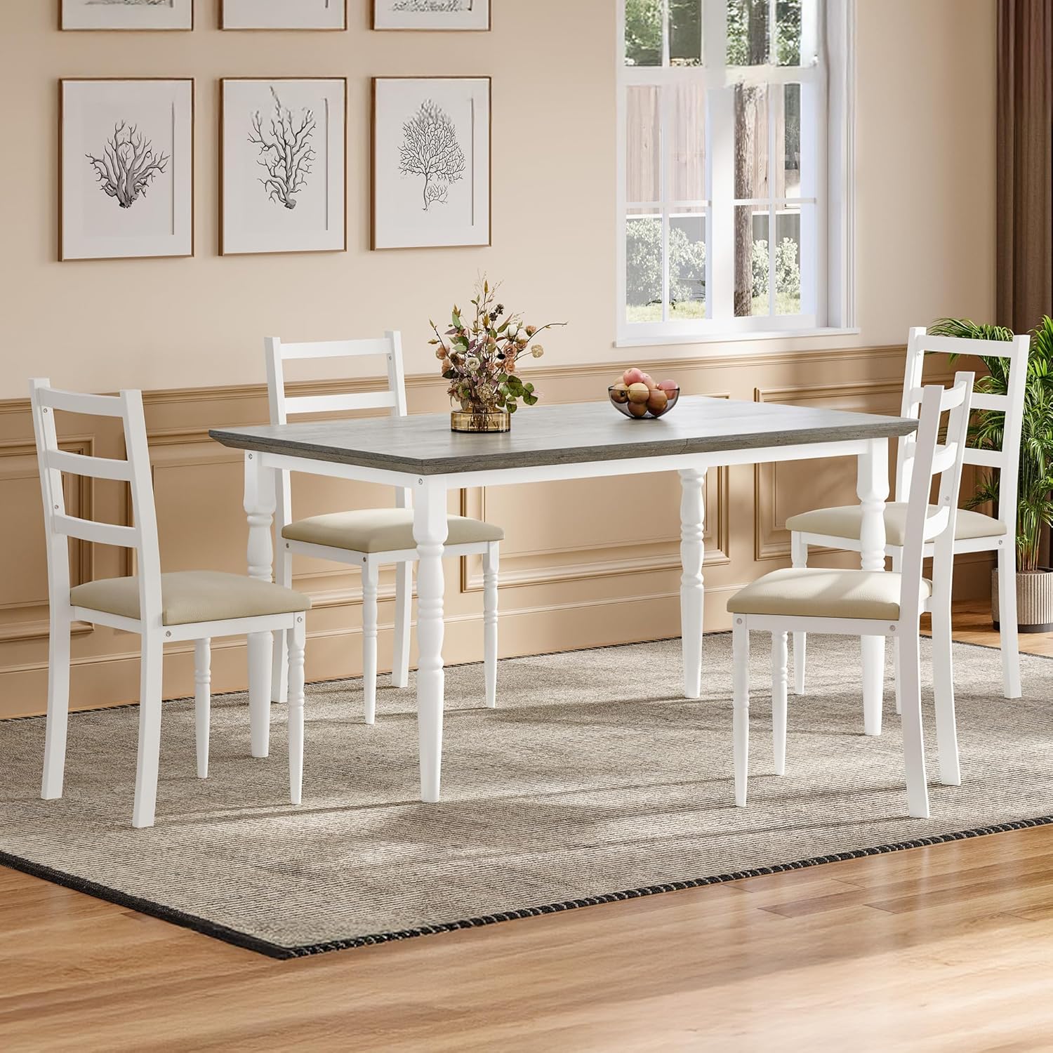 DWVO 5 Piece Dining Table Set with Upholstered Chairs Kitchen Table and Chairs for 4 People Rectangular Modern Dinner Table Set with Roman Column Style for Dining Room Kitchen Small Spaces Grey - Image 8