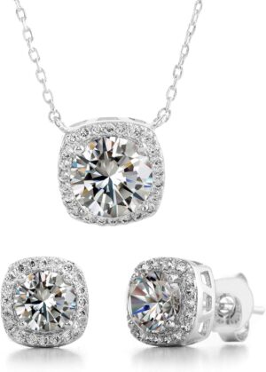 Devin Rose Stud Halo Cushion Shaped Earrings for Women and 18 Inch Necklace for Women Jewelry Set made with Faceted Crystals