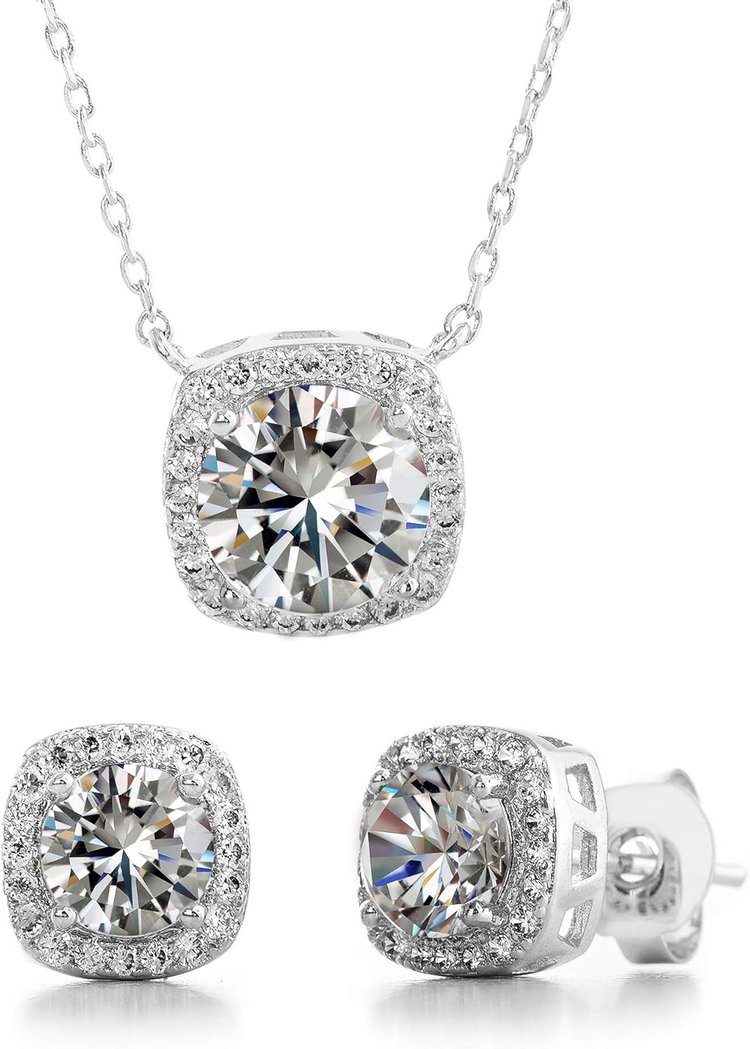 Devin Rose Stud Halo Cushion Shaped Earrings for Women and 18 Inch Necklace for Women Jewelry Set made with Faceted Crystals