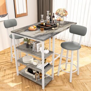 DKLGG Dining Table Set for 2, Counter Height Pub Table with 2 PU Leather Widen Backrest Bar Stools & 3 Storage Shelves, Bar and Chairs Set for Small Space Kitchen, Dining Room, Bar, Grey