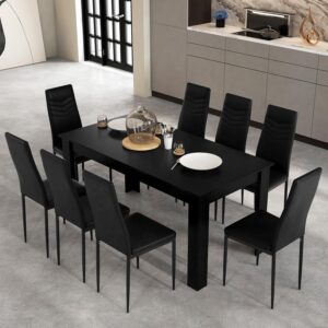 Giantex 9-Pieces Dining Table Set for 6-8, Modern Rectangular Kitchen Table with 8 PVC Leather Dining Chairs, 330Lbs Space-Saving Dinette Set for Breakfast Nook, Kitchen, Restaurant, Cafe, Black