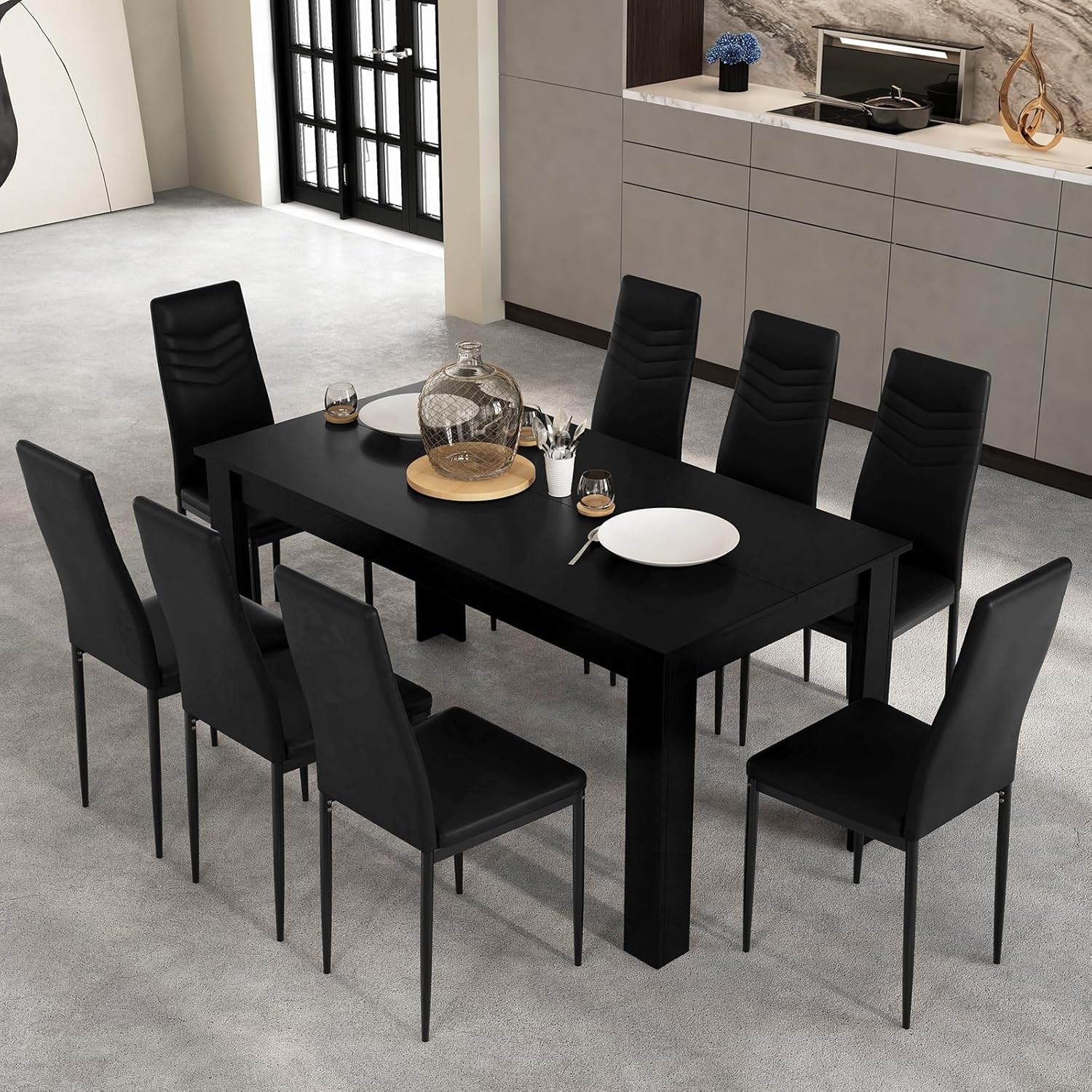 Giantex 9-Pieces Dining Table Set for 6-8, Modern Rectangular Kitchen Table with 8 PVC Leather Dining Chairs, 330Lbs Space-Saving Dinette Set for Breakfast Nook, Kitchen, Restaurant, Cafe, Black