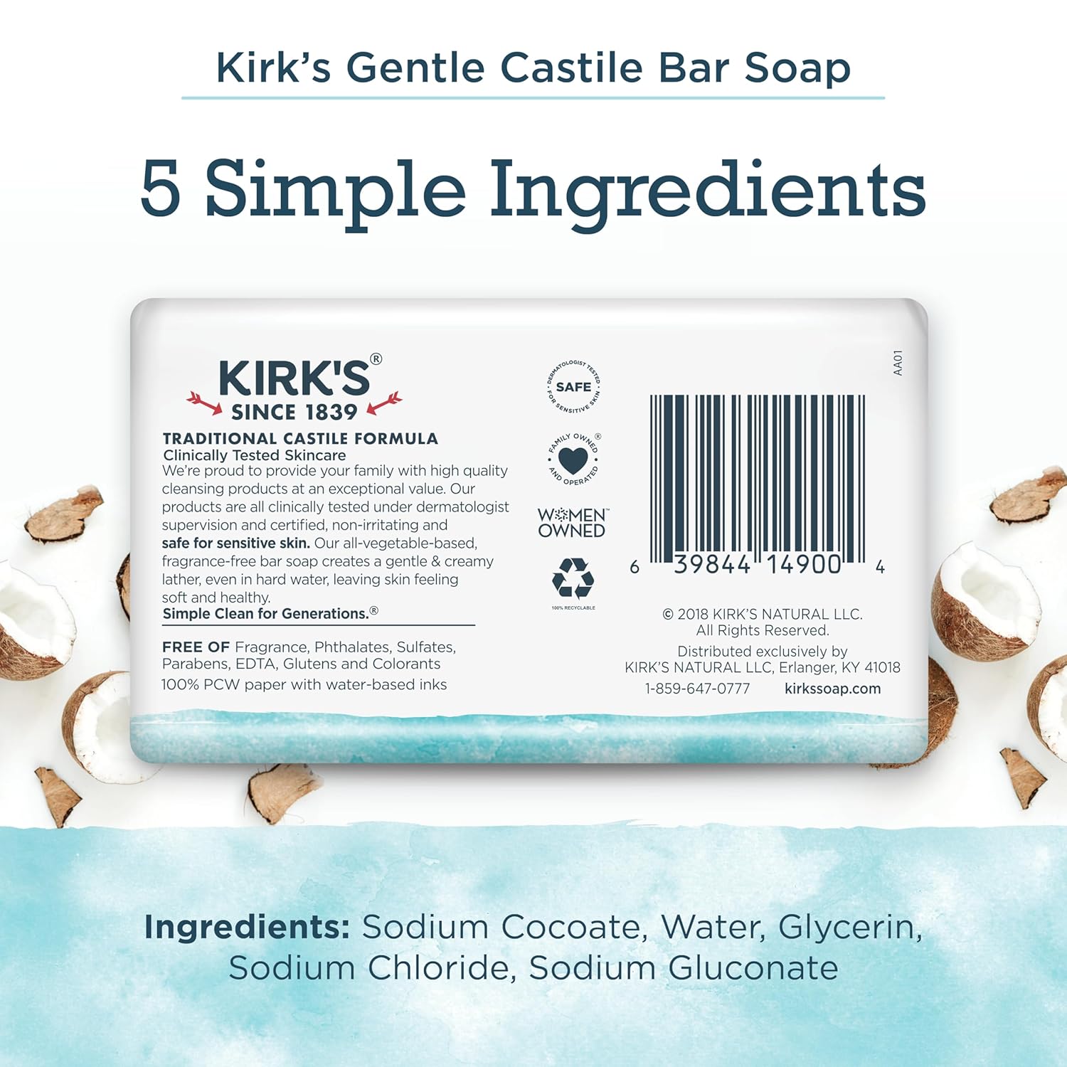 Castile Bar Soap by Kirk’s | Clean Soap for Men, Women & Children | Premium Coconut Oil | Sensitive Skin Formula, Vegan | Fragrance-Free/Unscented | 4 oz. Bars - 4 Pack - Image 2