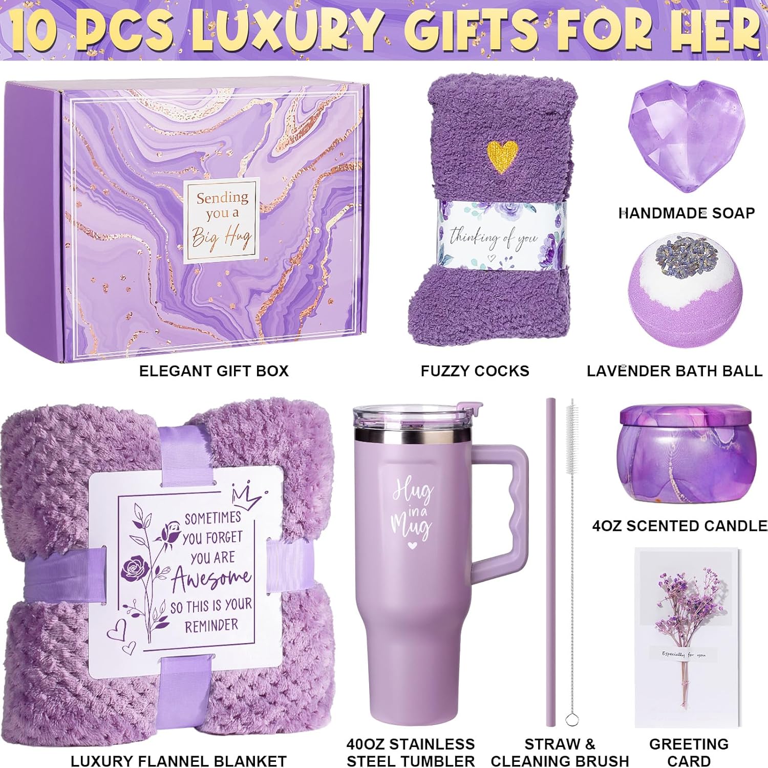 Birthday Gifts for Women Self Care Gifts Get Well Soon Gifts, Lavender Relaxing Spa Gifts Basket Care Package w/ Flannel Blanket 40 OZ Tumbler, Mothers Day Gifts for Mom Her Wife Friends Sister Wife - Image 2