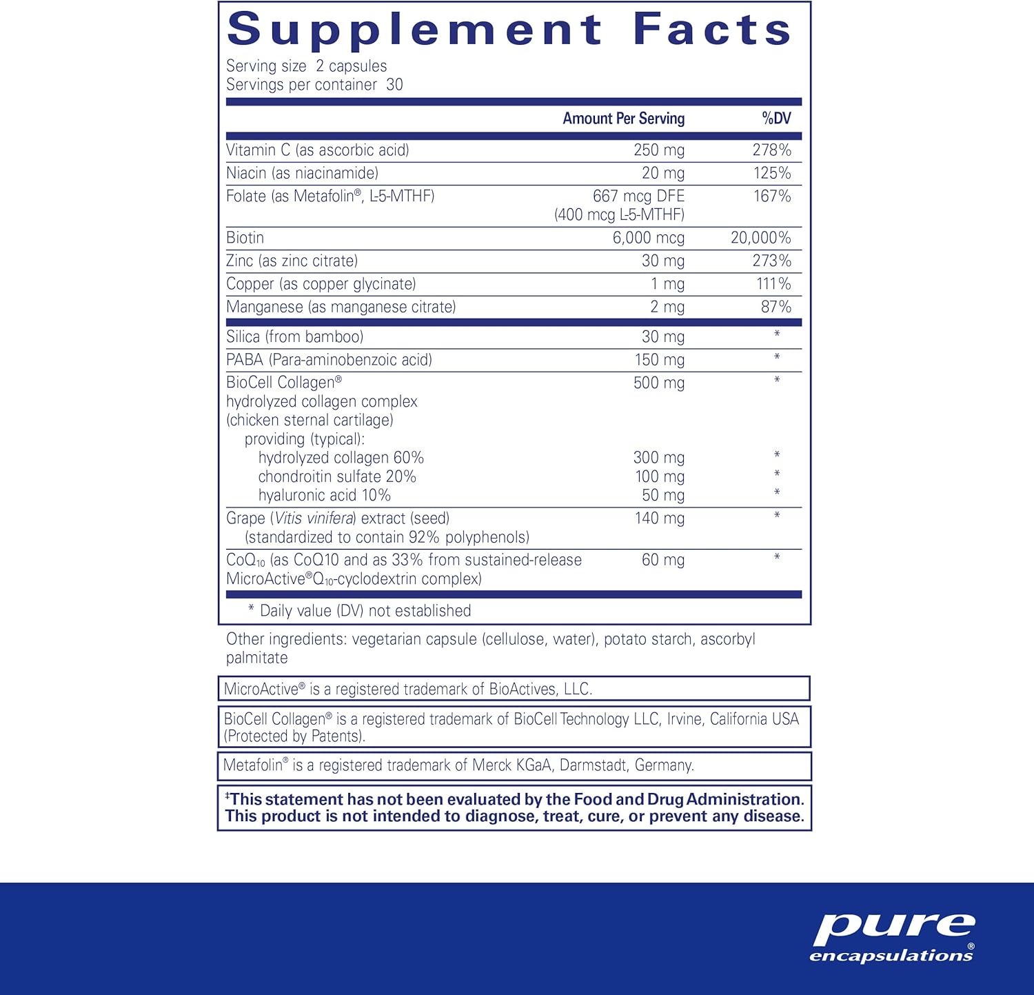 Pure Encapsulations Hair/Skin/Nails Ultra Advanced Beauty Supplement - Biotin & Collagen Supplement for Healthy Hair, Strong Nails & Youthful Skin Support* - 60 Capsules - Image 2