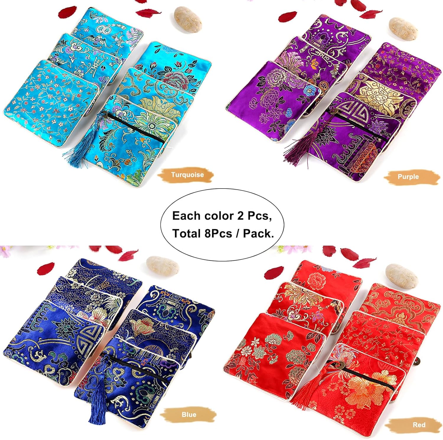 PINOWU 8pcs Silk Brocade Jewelry Bags with Zipper (11.5x11.5cm), Jewellery Silk Purse Pouch Gift Bags for Women Coins Traveling Jewelry Rolls Wedding Birthday Party Favors - Image 4