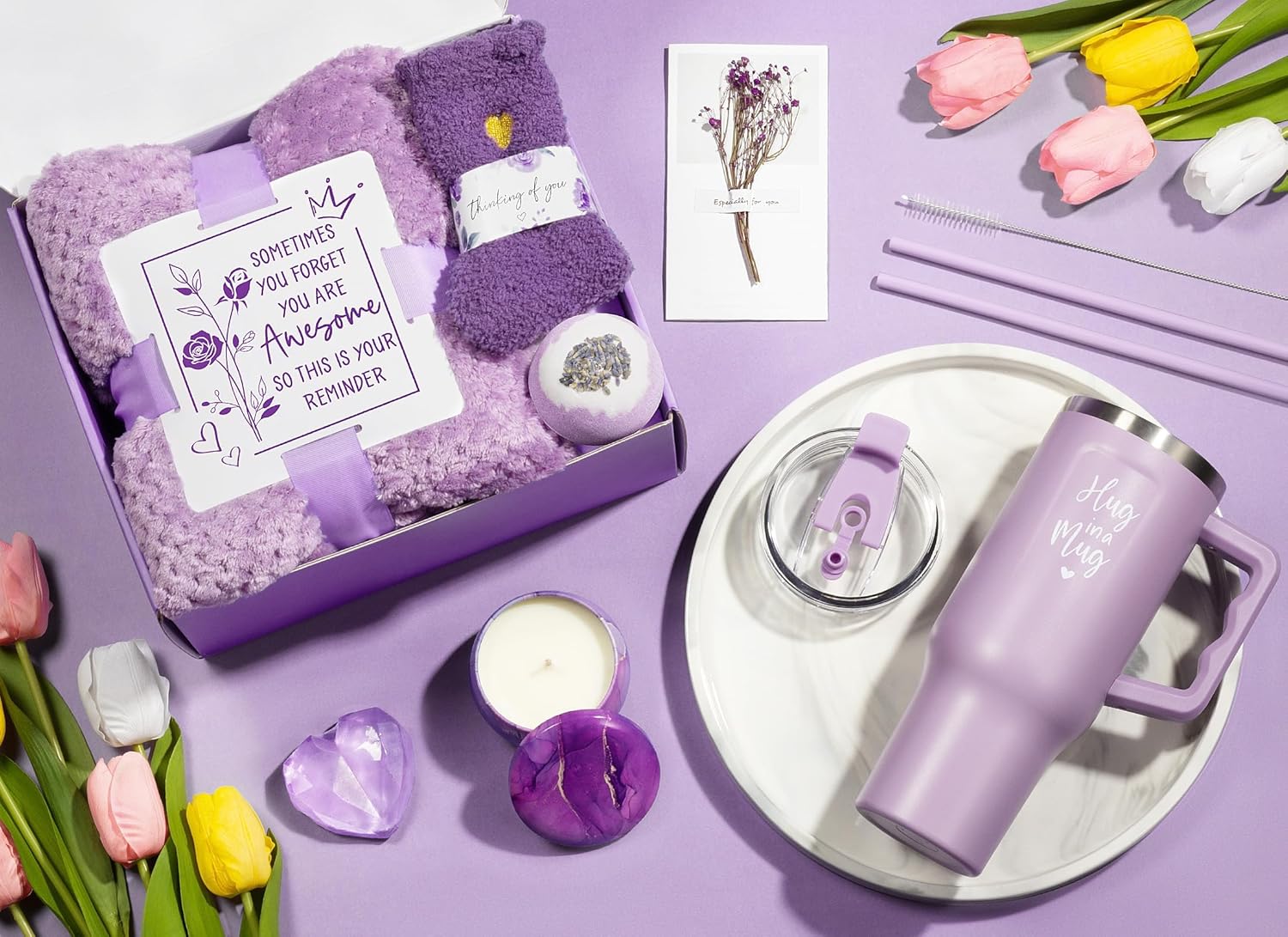 Birthday Gifts for Women Self Care Gifts Get Well Soon Gifts, Lavender Relaxing Spa Gifts Basket Care Package w/ Flannel Blanket 40 OZ Tumbler, Mothers Day Gifts for Mom Her Wife Friends Sister Wife - Image 9