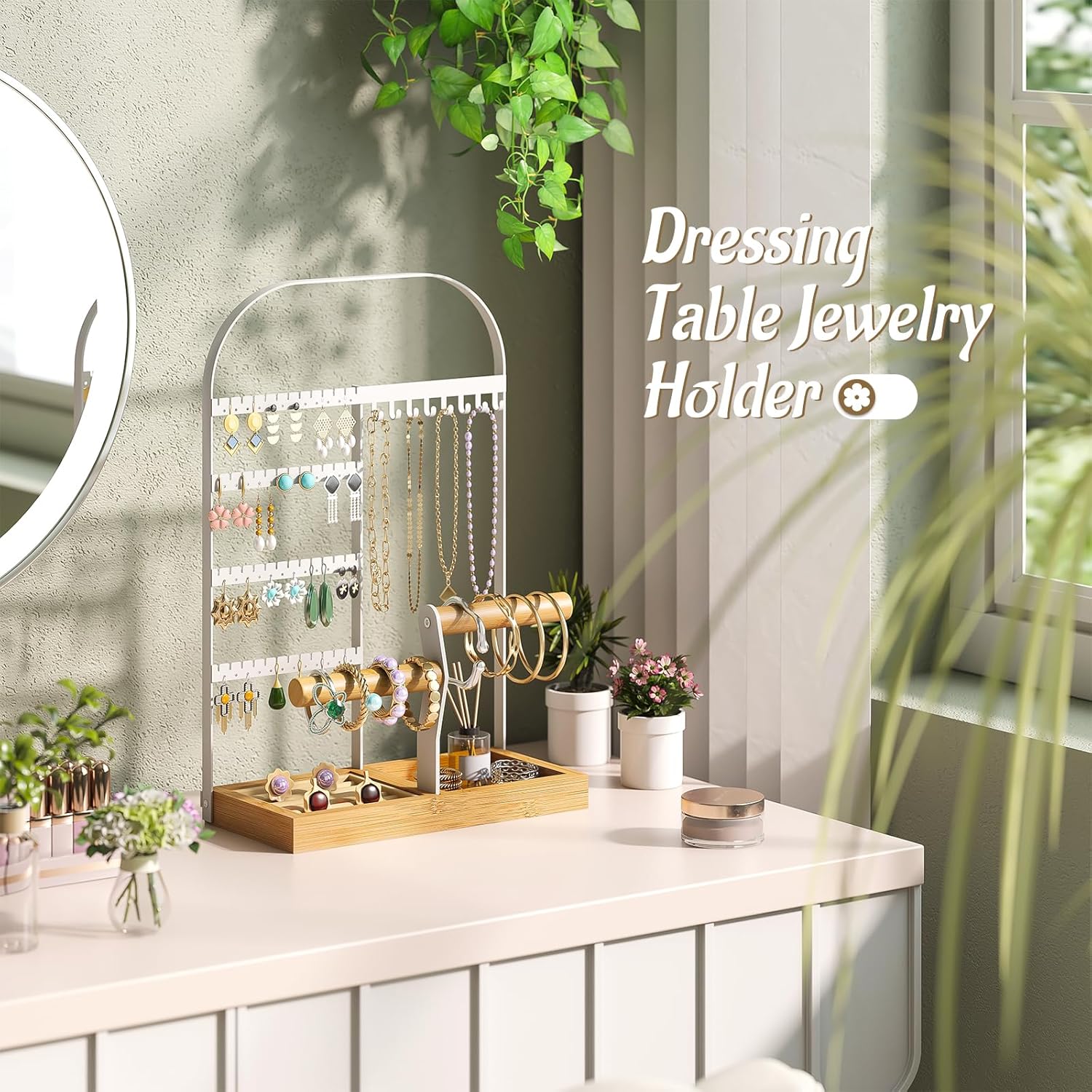 BMOSU Jewelry Organizer Stand with Velvet Ring Holder 2 Bracelet Holder Display 4 Tier Jewelry Rack with 8 Necklace Hooks and 48 Earring Holes Organizer Storage Wooden Box White - Image 2