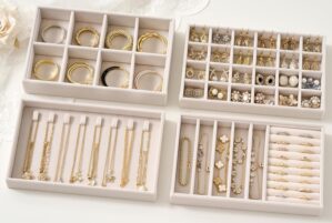 Velvet Jewelry Drawer Organizer Trays – Beige Stackable Jewelry Storage Inserts Set, 4-Layer Jewelry Tray Set for Earrings, Rings, Necklaces, Bracelets with Removable Dividers for Dresser & Vanity