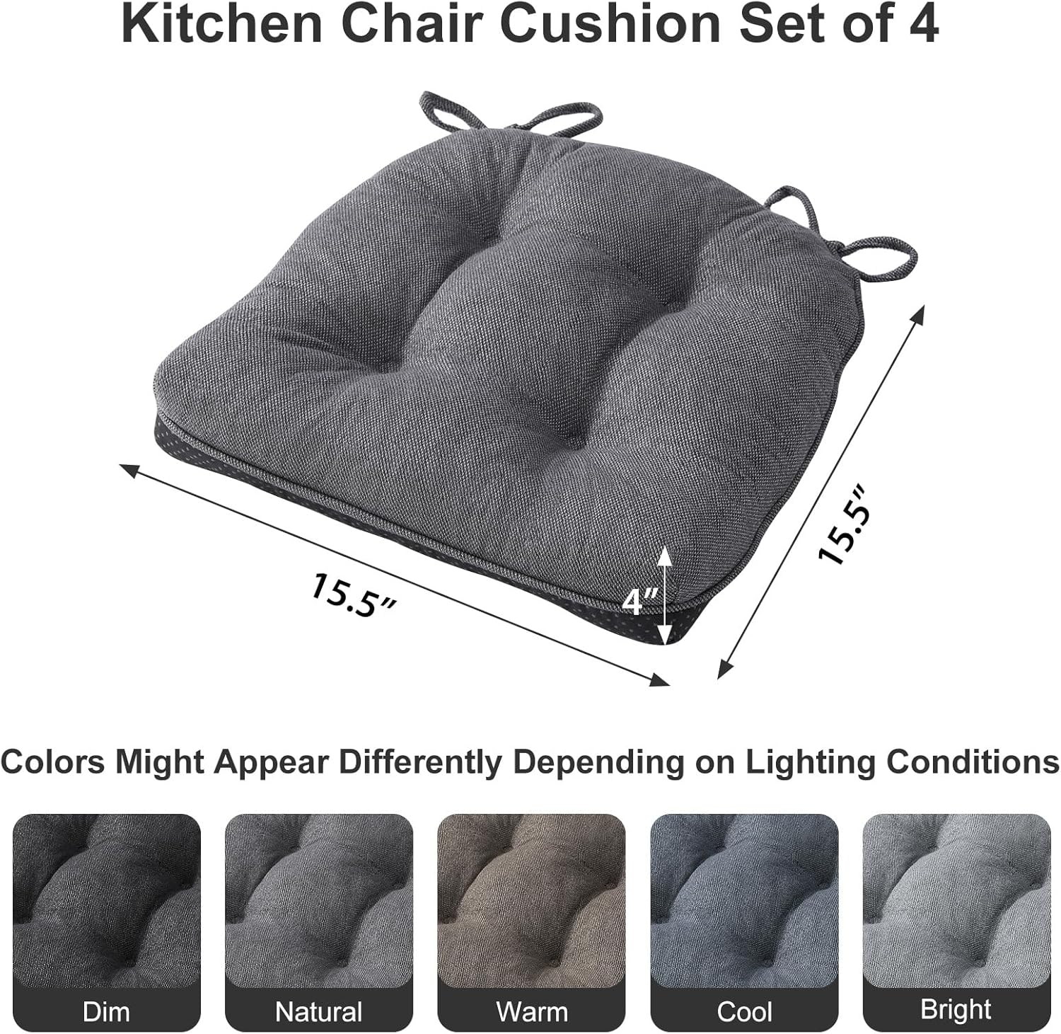 Chair Cushions for Dining Chairs, Kitchen Chair Cushions Set of 4, Seat Cushion with Ties, Tufted Chair Pads for Dining Chairs with Non Slip Backing, 15.5 x 15.5 x 4, Dark Grey - Image 3