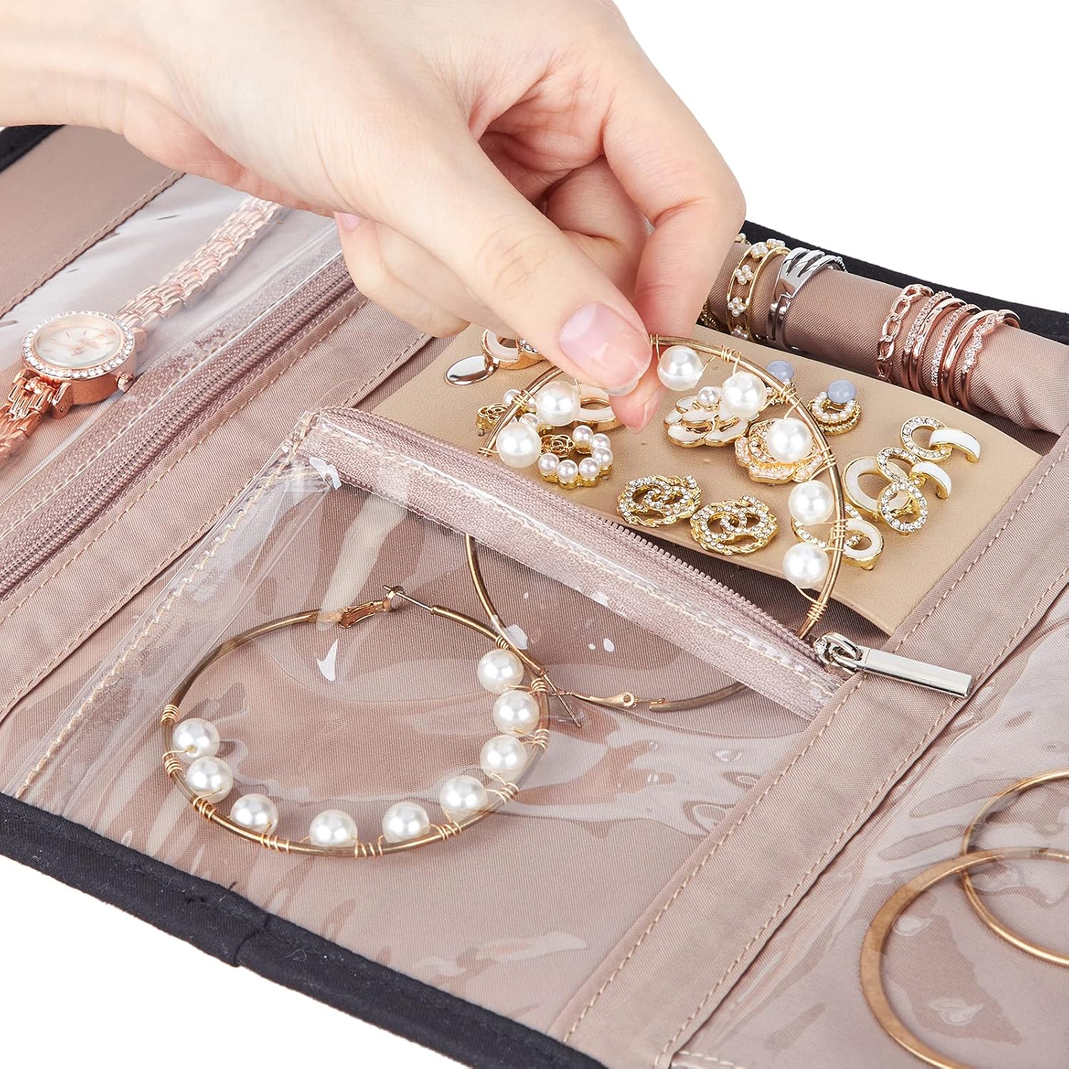 BELALIFE Travel Jewelry Case Organizer, Foldable Storage Roll for Earrings, Necklaces, Rings, Bracelets, Brooches, Black - Image 4