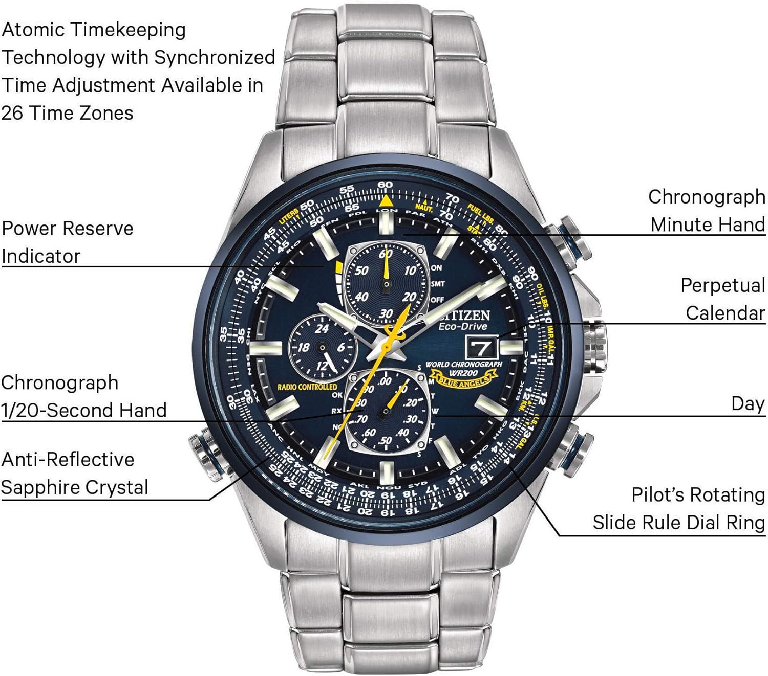 Citizen Men's Eco-Drive Sport Luxury World Chronograph Atomic Time Keeping Watch in Stainless Steel, Blue Dial (Model: AT8020-54L) - Image 7