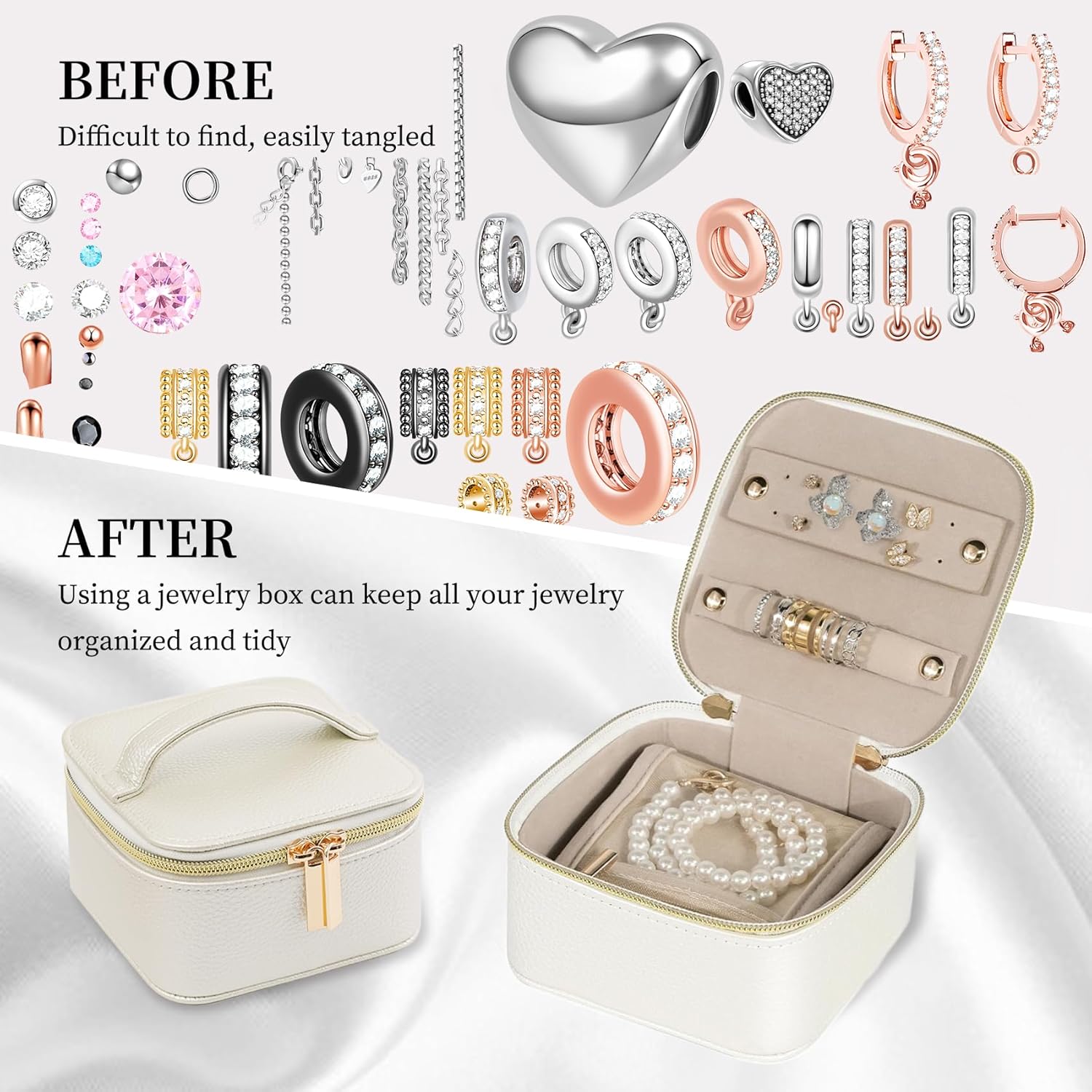 PU Leather Travel Jewelry Organizer Case with 4 Pouches & Handle, Anti-Tangle Storage Box for Necklace, Earrings, Rings, Compact Jewelry Box for Women Gift (Beige) - Image 4