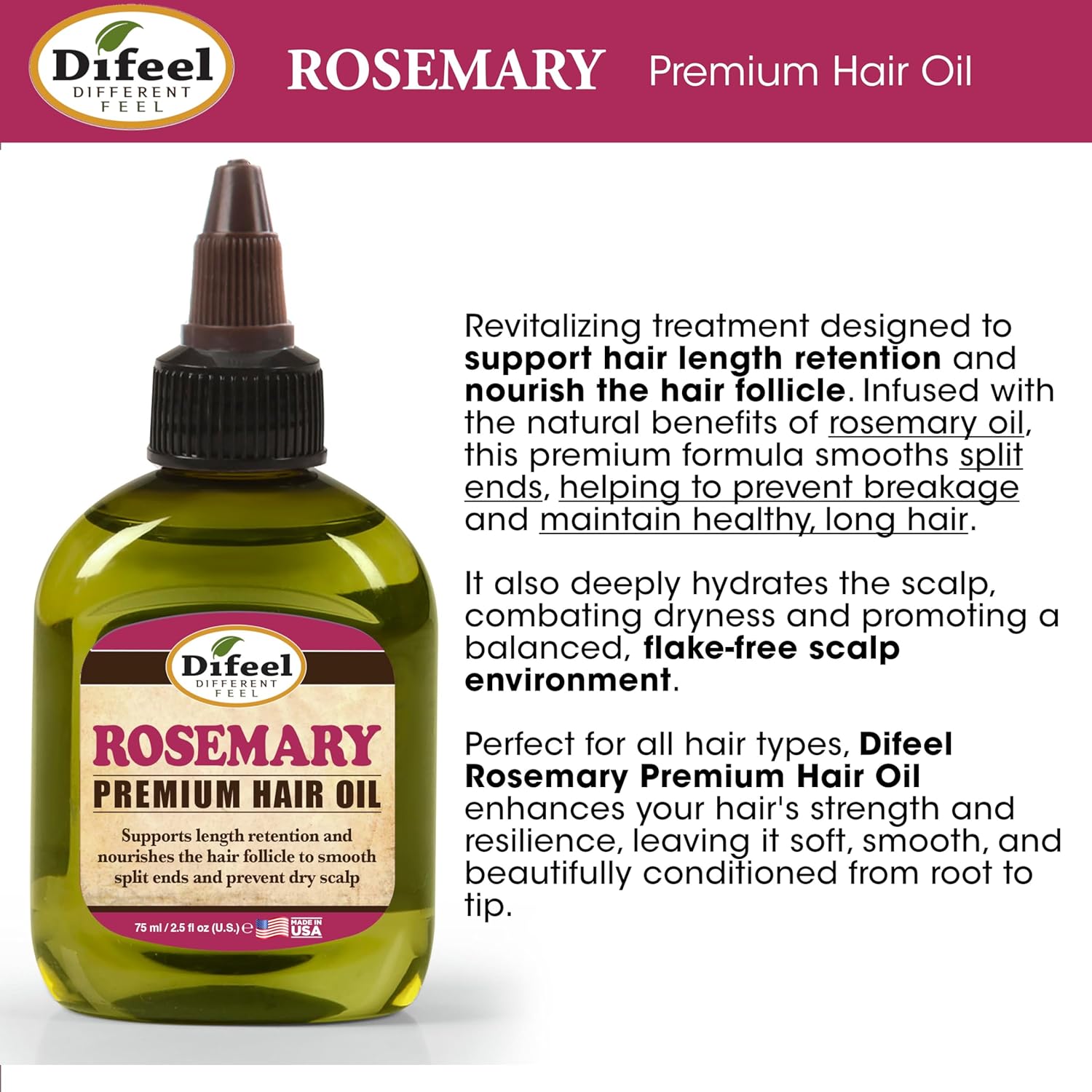 Difeel Rosemary Premium Hair Oil 2.5 oz. - Rosemary Oil Hair Treatment - Image 4