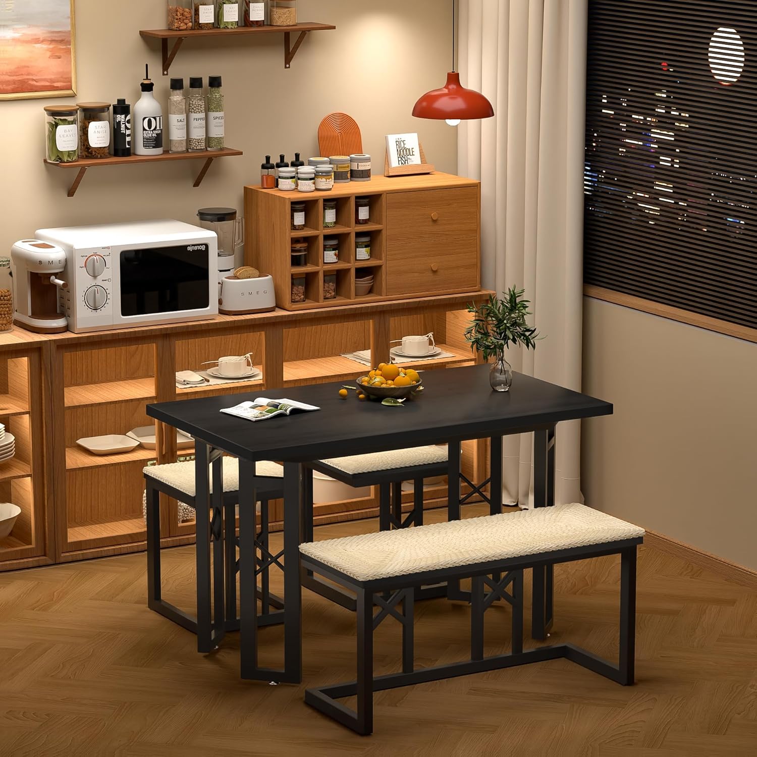 VECELO 43.3" Farmhouse Dining Table Sets, Kitchen Table for 4 with 3 Seats & Wicker Seat Cushions,Metal Frame Space-Saving Adjustable Feets Coffee Table for Home Kitchen Dining, Pitch Black - Image 6