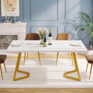 Tribesigns Gold Dining Dinner Table: 55 Inches Modern White Dining Room Table with Golden Legs, Faux Marble Small Kitchen Table for 6, Rectangular Dining Table for Apartment