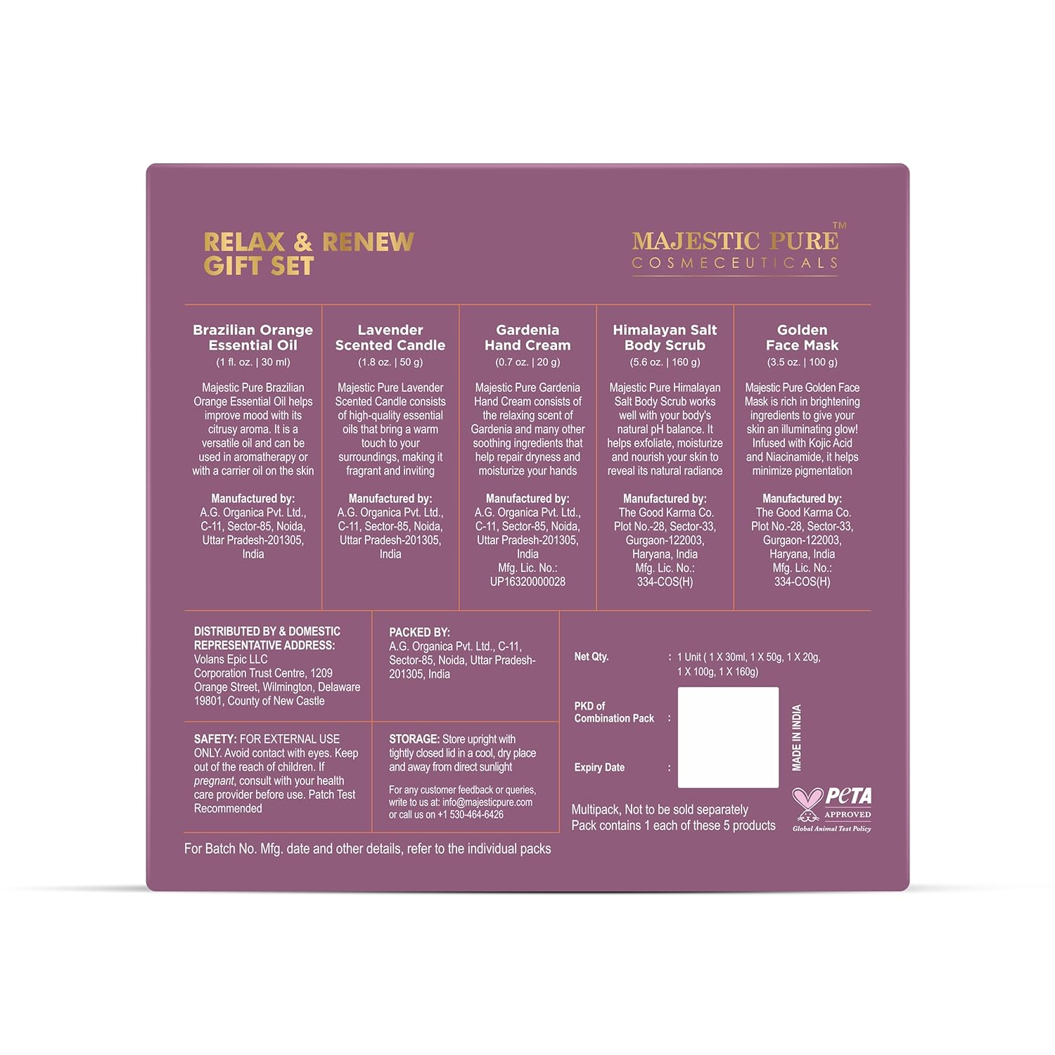 Majestic Pure Fathers Day Gift Set set of 5- (Brazilian Orange oil 1oz, Scented Candle - 50g, Gardenia Hand Cream - 20g, Himalayan Salt Body Scrub - 160g, Gold Face Mask - 100g) - Image 3