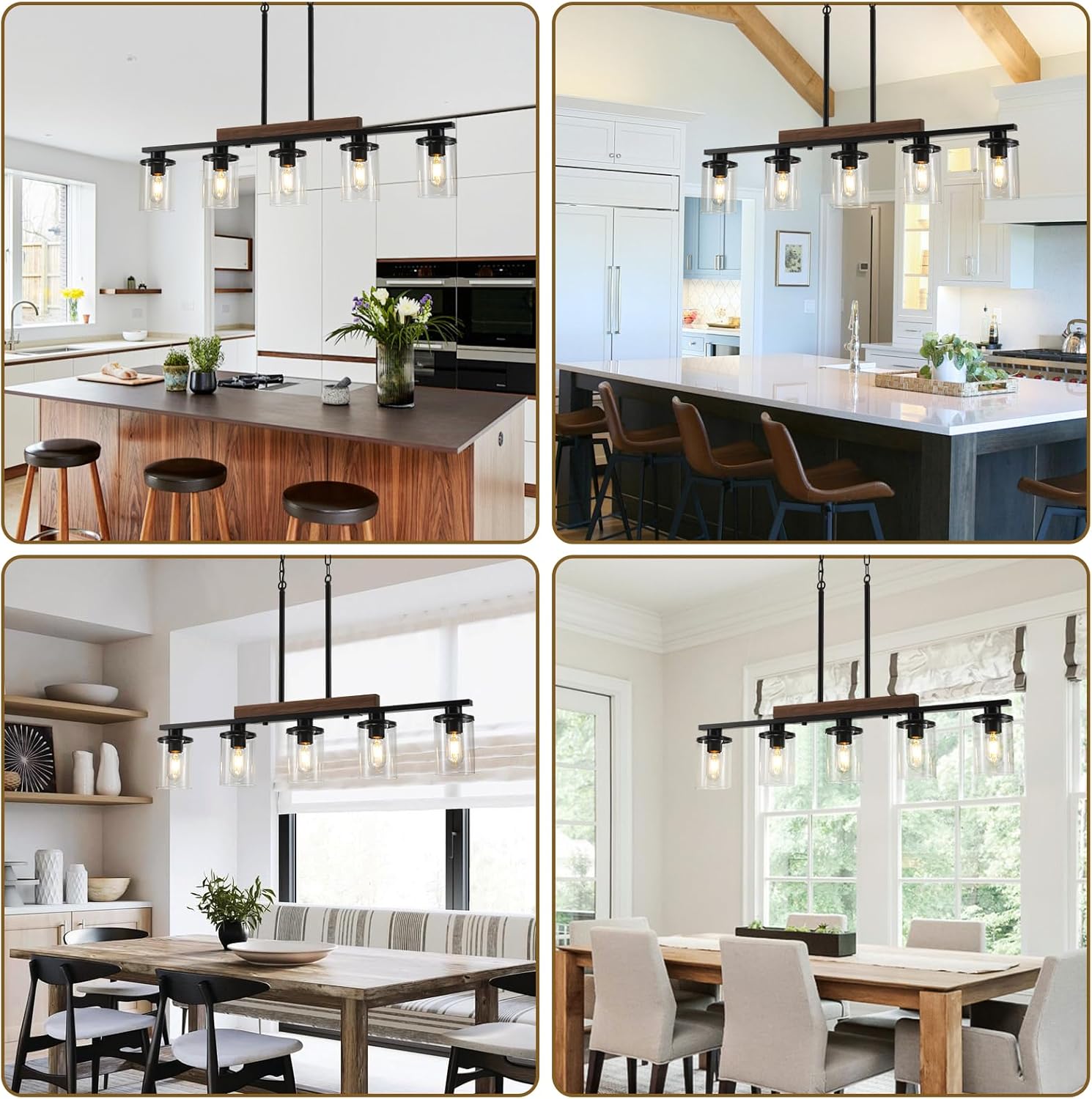 36.2‘’ Kitchen Lighting, 5-Light Dining Room Light Fixture Chandelier Over Table, Black Modern Rustic Wood Ceiling Pendant Light Fixtures, with Clear Glass Shade, Farmhouse Chandelier - Image 6