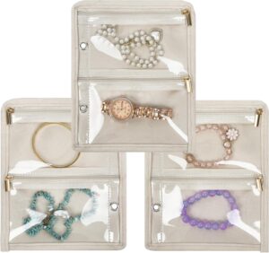 Travel Jewelry Organizer Case,Small Jewelry Bags for Traveling, Jewelry Binder with 24 Pcs Clear Zipper Velvet Pouches (Inner Pages,Beige,3 PCS)