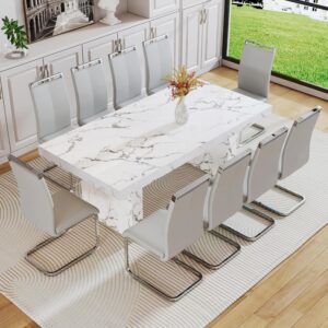 11 Piece Dining Table Set, 79″ Marble Dining Table Set for 10, Marble Pattern MDF Dining Table Top and Base, 10 PU Leather Dining Chairs with Chrome Plated Metal Legs for Kitchen Dining Room.