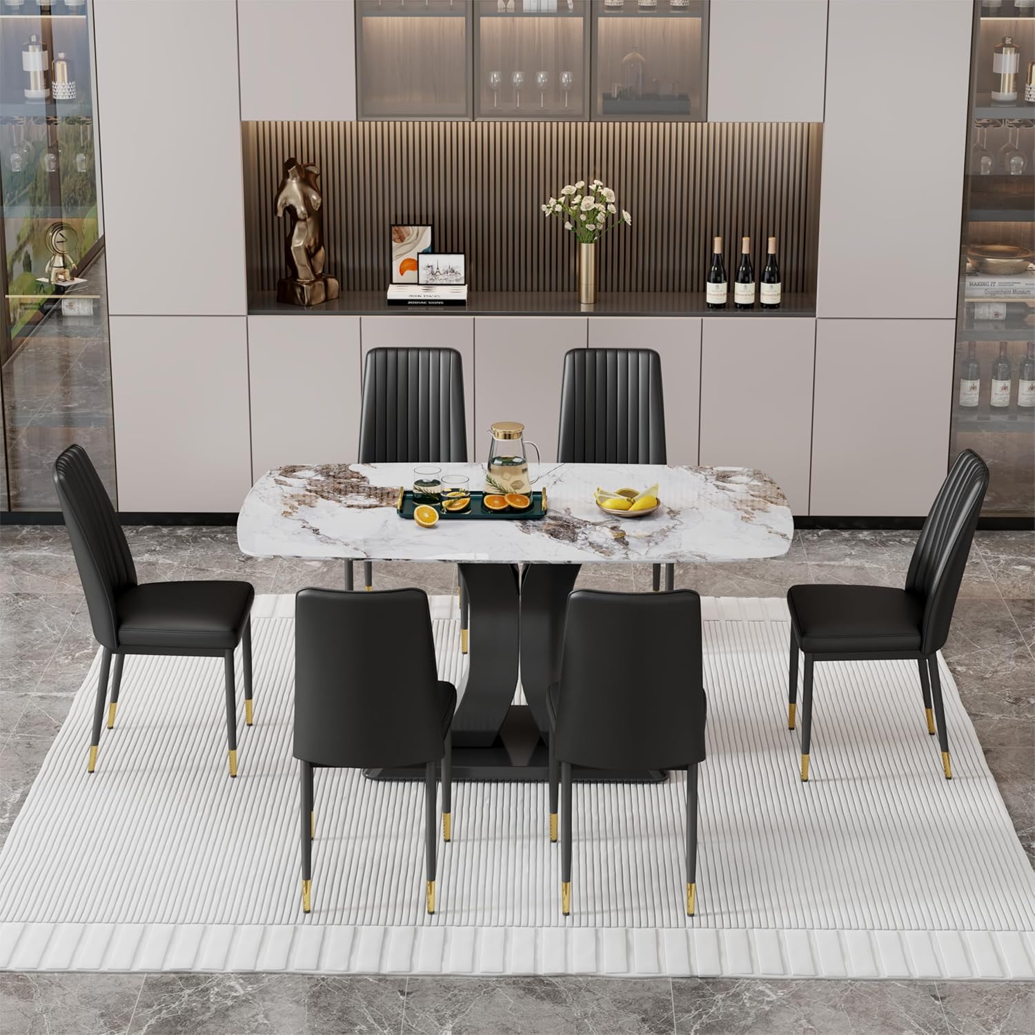 Modern Dining Table Set for 6, Marble Kitchen Table Chair Set for 6, Rectangular Kitchen Table with 6 Pu Leather Upholstered Chair for Dining Room - Image 3