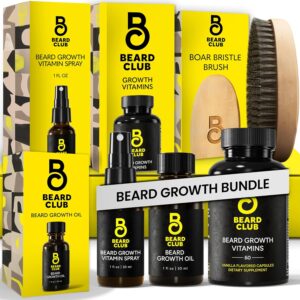 Beard Club Premium Beard Growth Kit – Growth Oil, Vitamins, Vitamin Spray & Boar Bristle Brush – Gift Set
