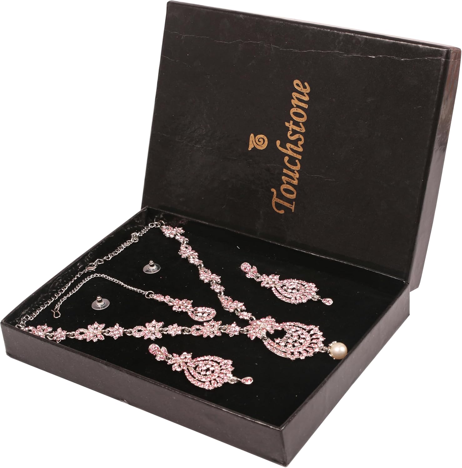 Touchstone Indian Bollywood Gorgeous intricate Workmanship Sparkling Rhinestone crystal wedding Designer Jewelry Necklace Set In Gold or Silver Tone For Women. - Image 6