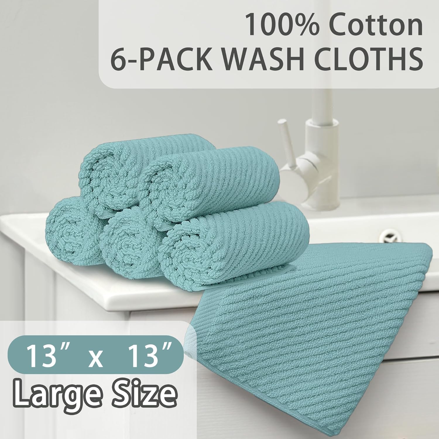 Wash Cloths for Your Face, 6 Pack Large 13"x13" - 100% Cotton | Lightweight | Thick | Quick Dry | Soft | Absorbent, Luxury Facial Towels, Hand Towels for Shower, Bathroom Essentials, Aqua Teal - Image 3
