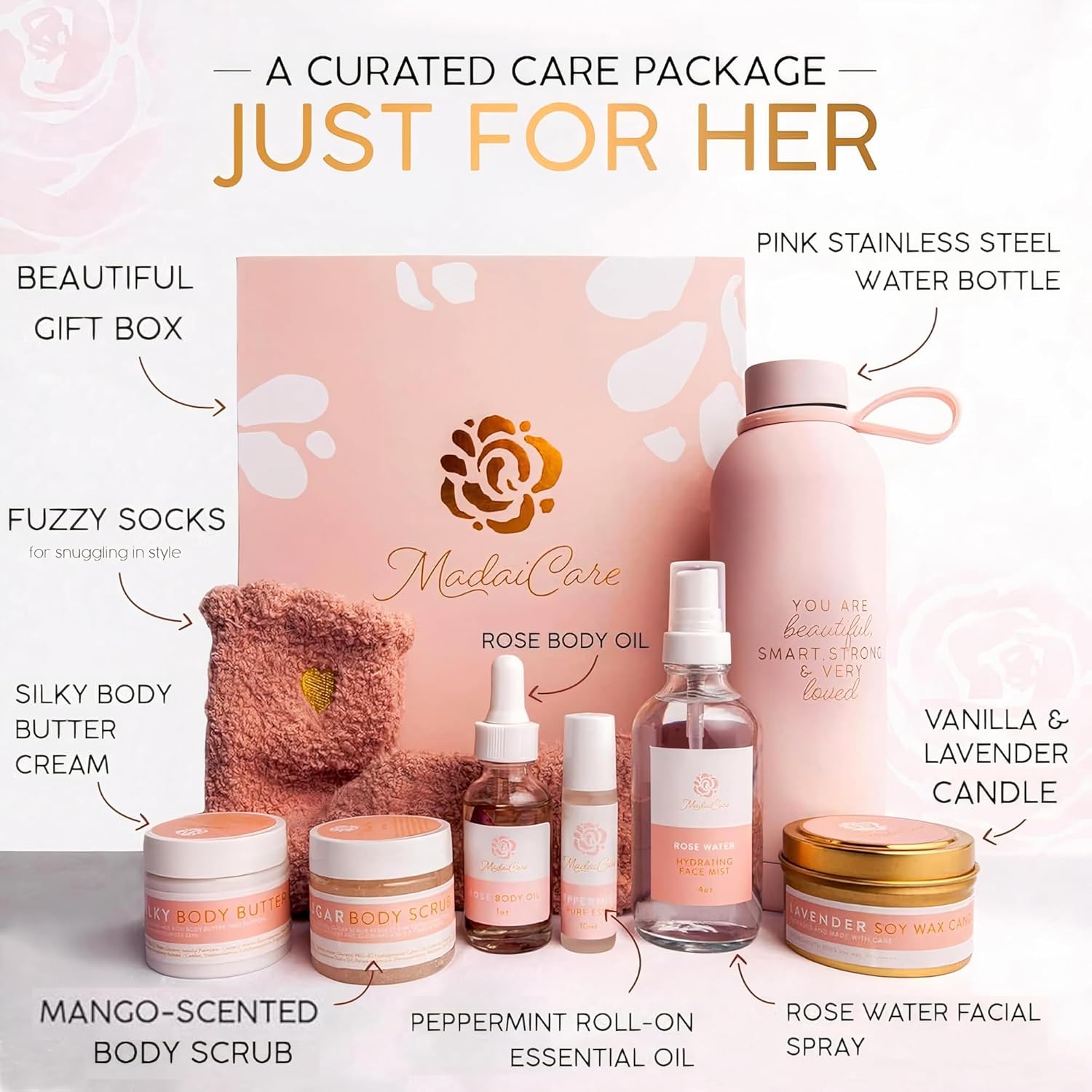 Luxury Spa Gift Basket for Women - Relaxing Christmas Gift, Self Care Kit with Body Scrub & Cream, Facial Mist, Scented Candle & More - Perfect Birthday Gift For Women, Wife, Mom - Box Set of 9 Pcs - Image 2
