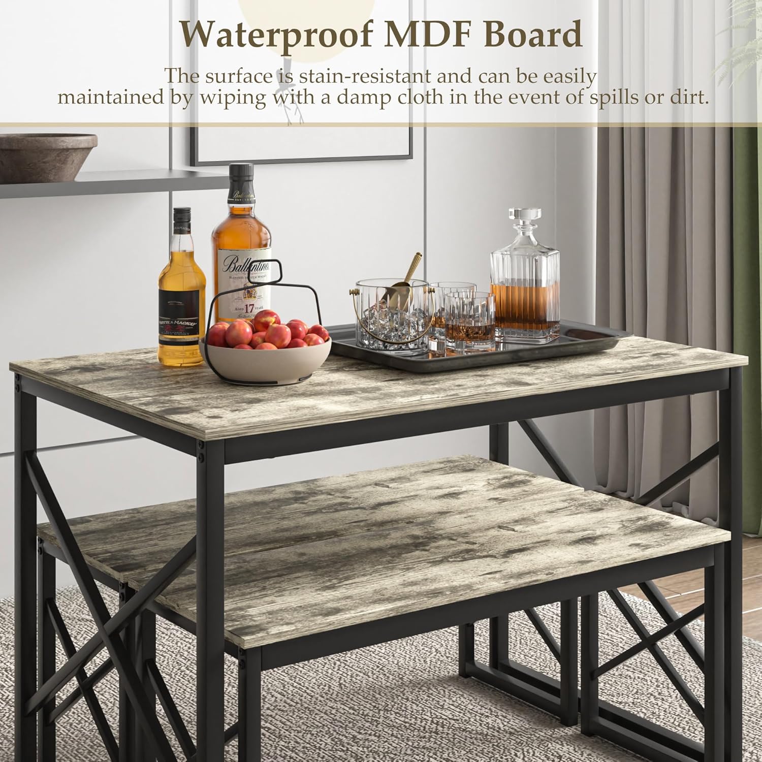 VECELO Kitchen Dining Table Set for 4, 43.3" Wood Rectangle Dinette with 2 Benches, Heavy-Duty Metal Frame for Small Space, Breakfast Nook, Grey - Image 5