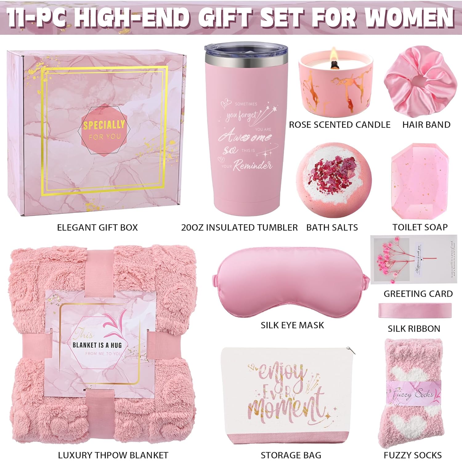 Birthday Gifts for Women Pink Relaxing Spa Gift Baskets Self Care Gift Get Well Soon Gifts Set, Mothers Day Gifts for Mom, w/ Luxury Blanket INSPEAUTY - Image 2