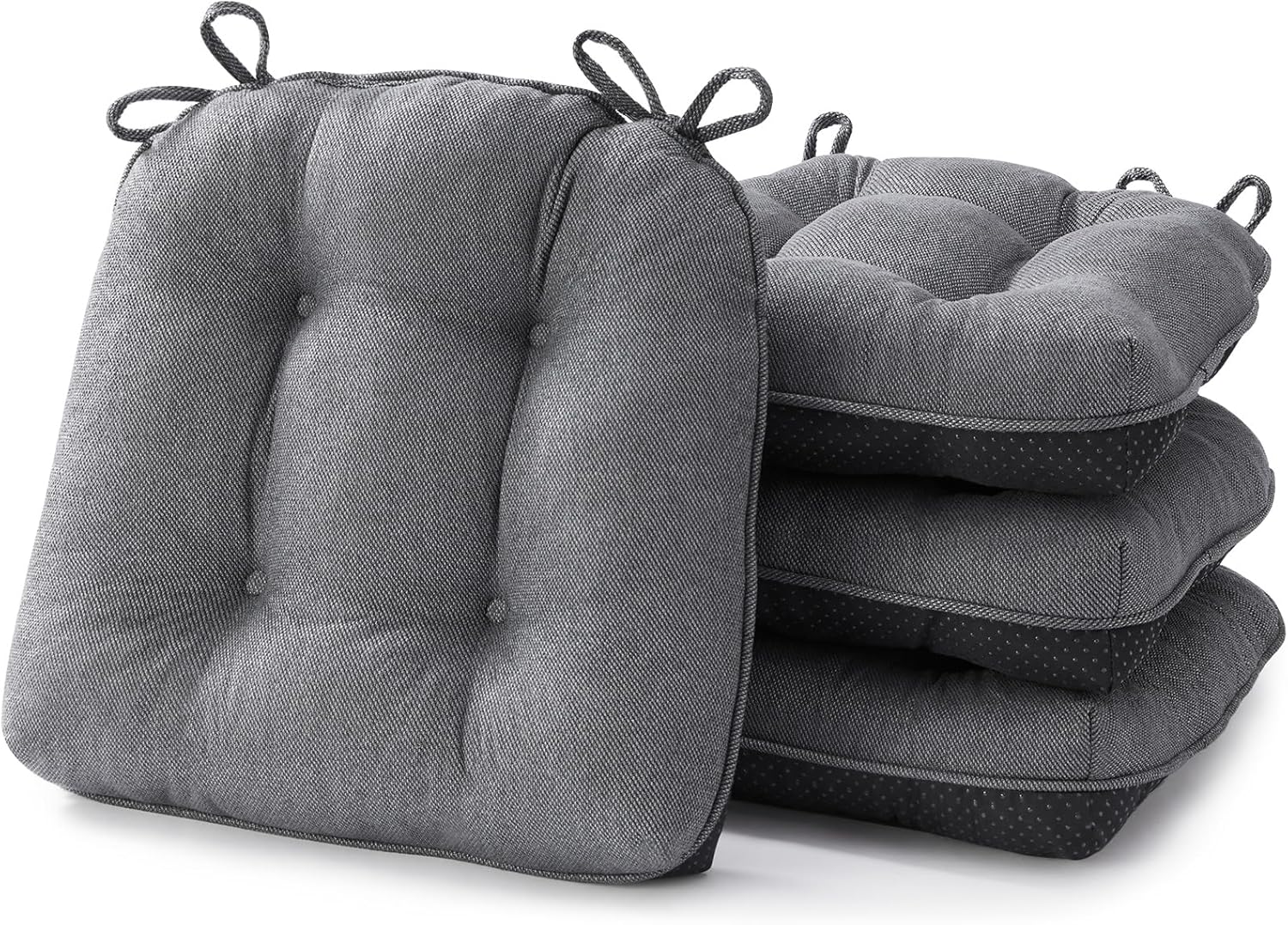 Chair Cushions for Dining Chairs, Kitchen Chair Cushions Set of 4, Seat Cushion with Ties, Tufted Chair Pads for Dining Chairs with Non Slip Backing, 15.5 x 15.5 x 4, Dark Grey