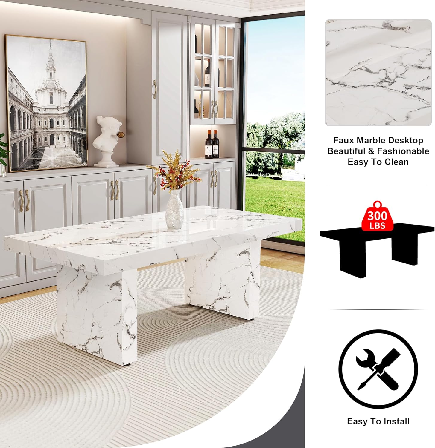 11 Piece Dining Table Set, 79" Marble Dining Table Set for 10, Marble Pattern MDF Dining Table Top and Base, 10 PU Leather Dining Chairs with Chrome Plated Metal Legs for Kitchen Dining Room. - Image 4