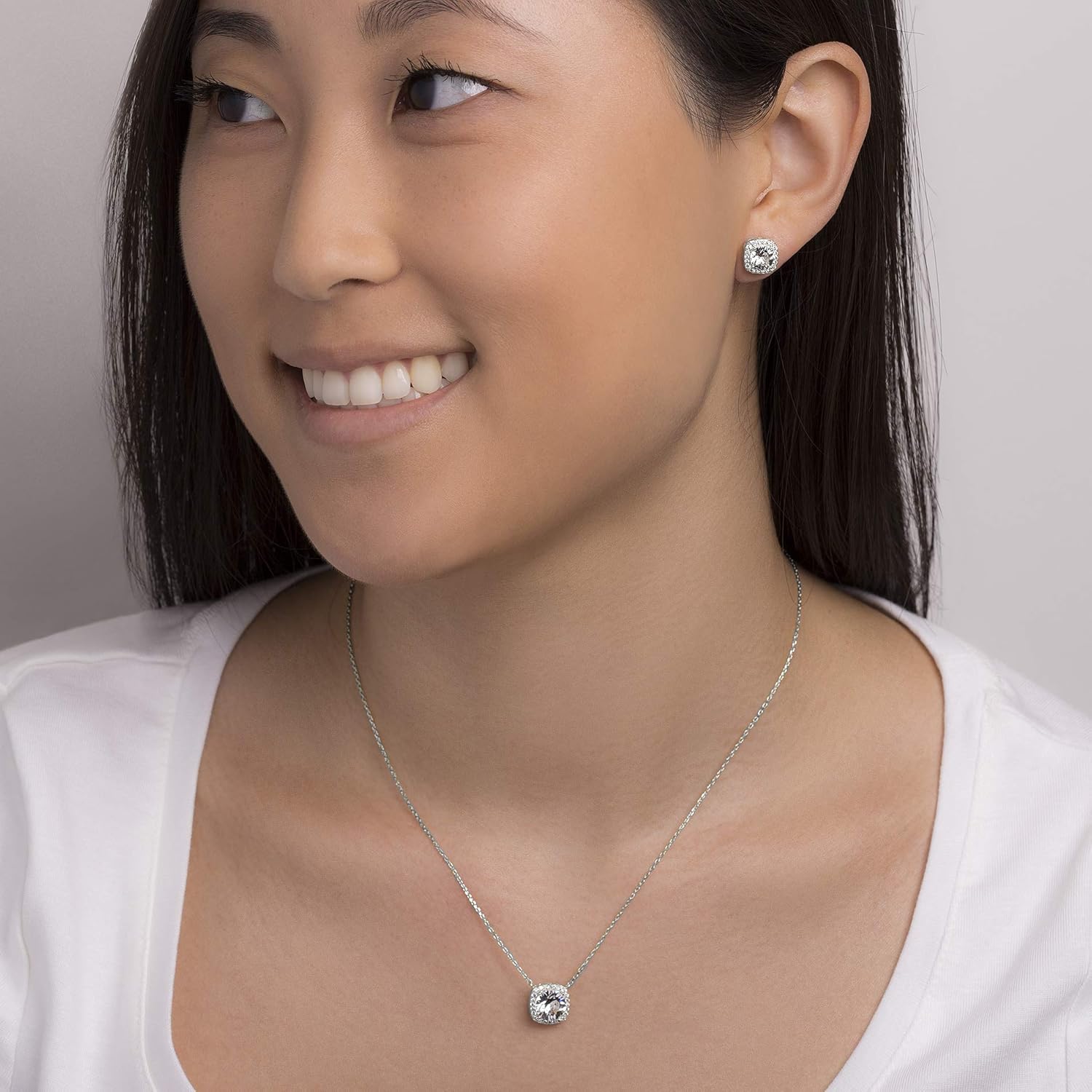 Devin Rose Stud Halo Cushion Shaped Earrings for Women and 18 Inch Necklace for Women Jewelry Set made with Faceted Crystals - Image 2