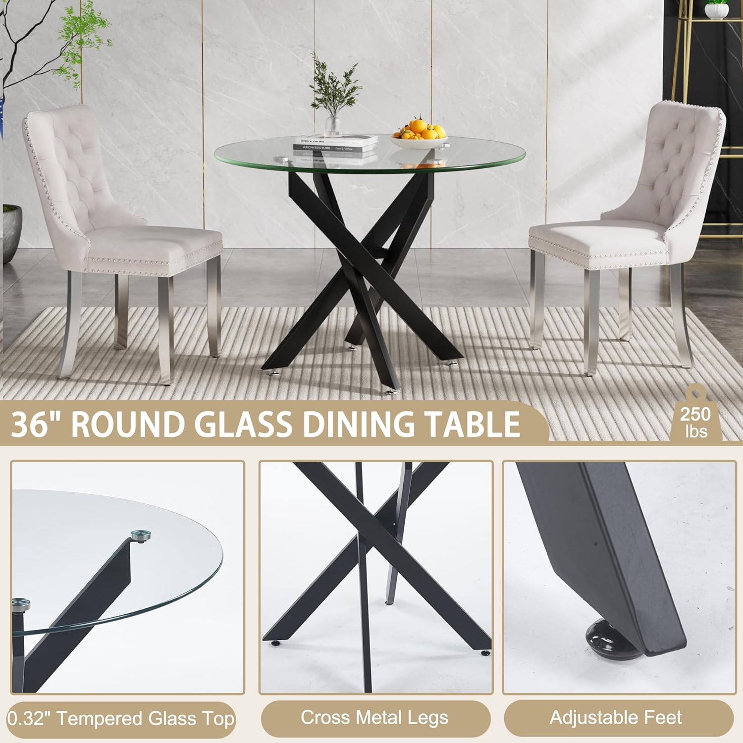 36" Round Dining Table for 4, Modern Clear Glass Kitchen Table for 4 with Black X Metal Legs, Contemporary Small Circle Dining Room Leisure Tables for Kitchen Apartment - Image 3