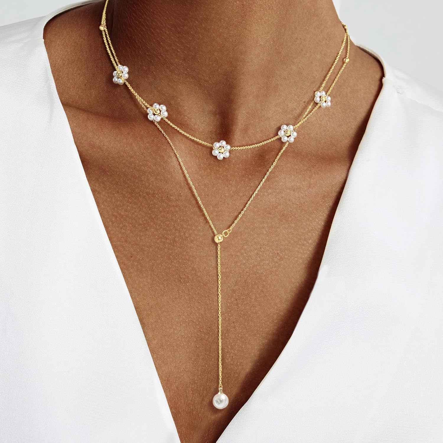 OGD Gold Pearl Necklaces Set for Women 14K Gold Plated Dainty Layered Pearl Cute Daisy Pearl Choker Gold Necklace Gifts for Women Gold Trendy Jewelry Gifts - Image 3