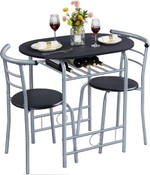 Yaheetech 3-Piece Dining Room Table Set, Kitchen Table & Chair Sets for 2, Compact Table Set w/Steel Legs, Built-in Wine Rack for Breakfast Nook, Small Space, Apartment, Black, 31.5x21x29″ (LxWxH)