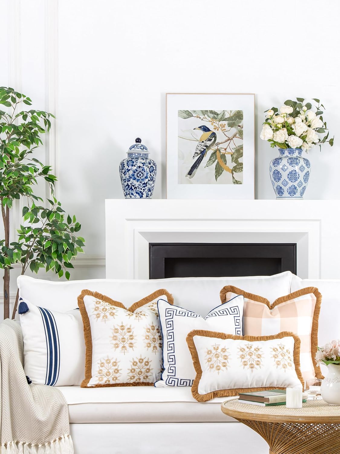 Hofdeco Premium Coastal Patio Indoor Outdoor Lumbar Pillow Cover Only, 12"x20" Water Repellent for Backyard, Couch, Neutral Tan Embroidered Floral with Fringe - Image 3