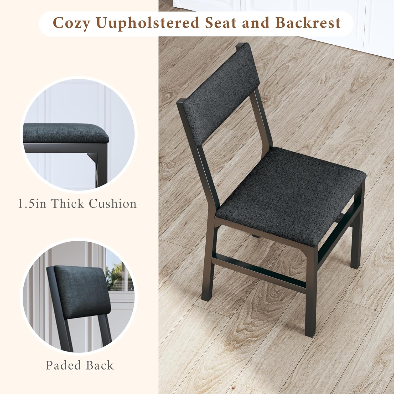 7-Piece Dining Table Set for 4-6, Extendable Kitchen Table Cushion Chairs Set of 6 with 6 Chairs, Rectangle Dining Table with Metal Frame & MDF Board, Folding for Small Apartment Saving Space, Black - Image 7