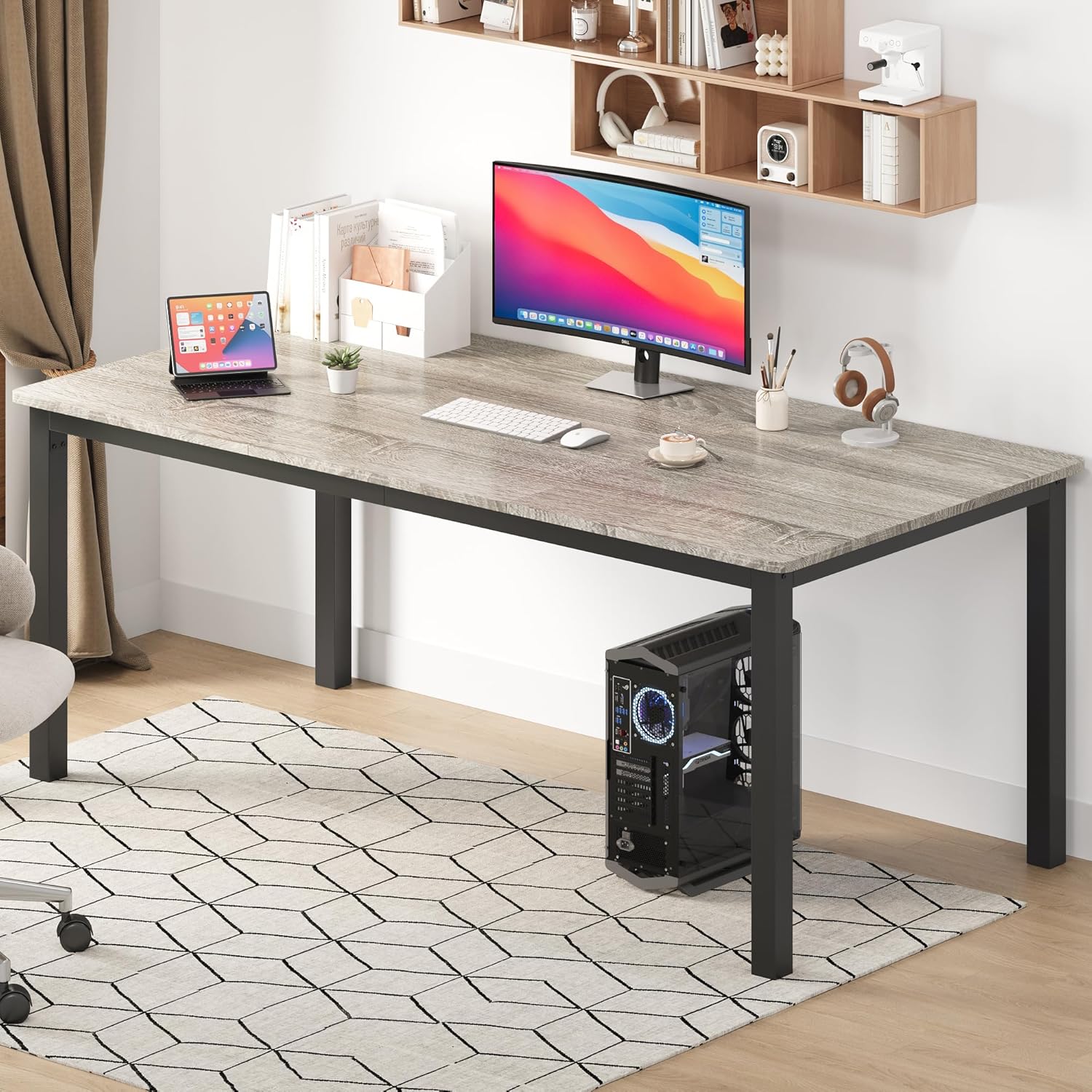 71 Inch Industrial Dining Table, Large Rectangle Kitchen Table with Metal Legs, Round Corners, Wooden Conference Tables Writing Desk for Dining Room, Living Room, Rustic Grey - Image 8