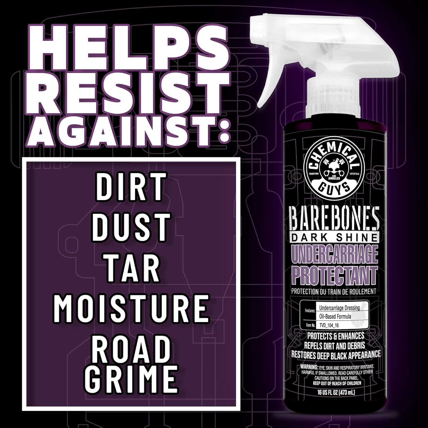 Chemical Guys TVD_104_1602 Bare Bones Premium Dark Shine Spray for Undercarriage, Tires and Trim, Safe for Cars, Trucks, Motorcycles, RVs & More,16 fl oz (2 Pack) - Image 2