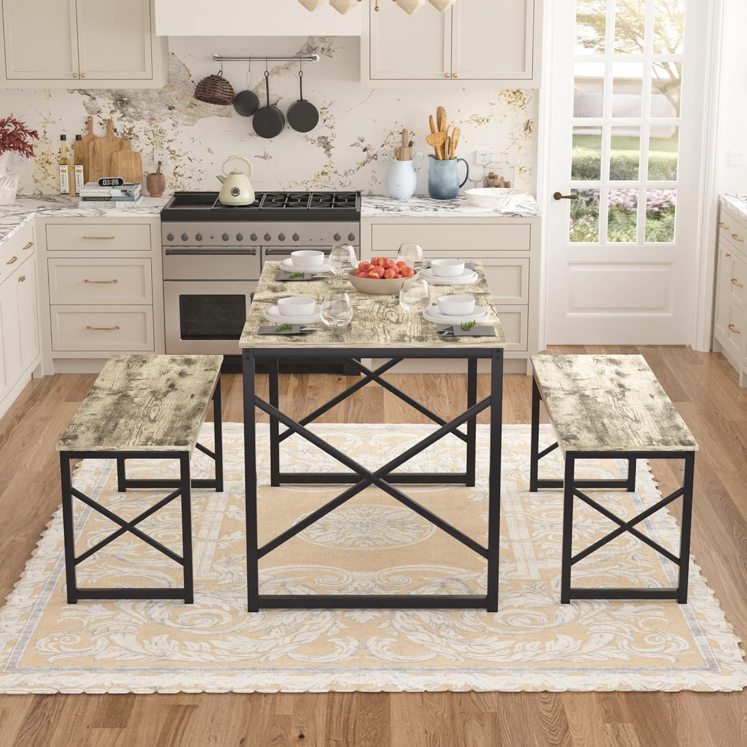 VECELO Kitchen Dining Table Set for 4, 43.3" Wood Rectangle Dinette with 2 Benches, Heavy-Duty Metal Frame for Small Space, Breakfast Nook, Grey - Image 3