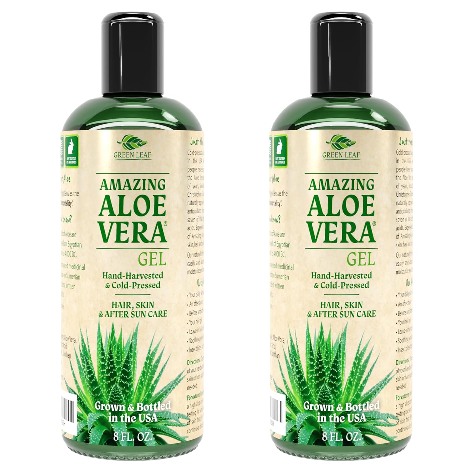 Amazing Aloe Vera Gel - Freshly Cut, 100% Pure Aloe, Premium Quality, Vegan, Unscented - Natural Sunburn Relief, After Shave, Skin, Face & Hair Care (two 8oz bottles) 16oz