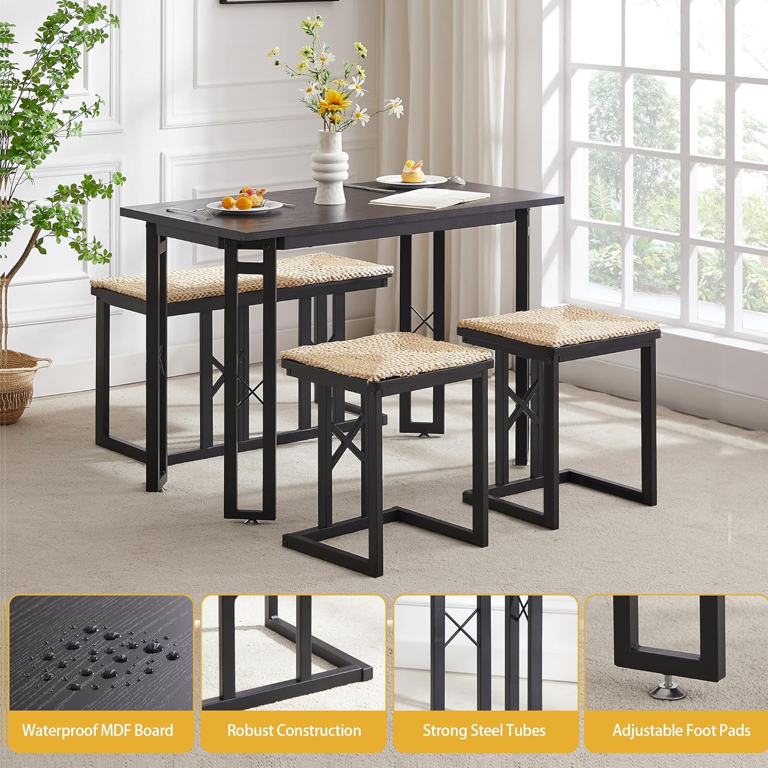 VECELO 43.3" Farmhouse Dining Table Sets, Kitchen Table for 4 with 3 Seats & Wicker Seat Cushions,Metal Frame Space-Saving Adjustable Feets Coffee Table for Home Kitchen Dining, Pitch Black - Image 3