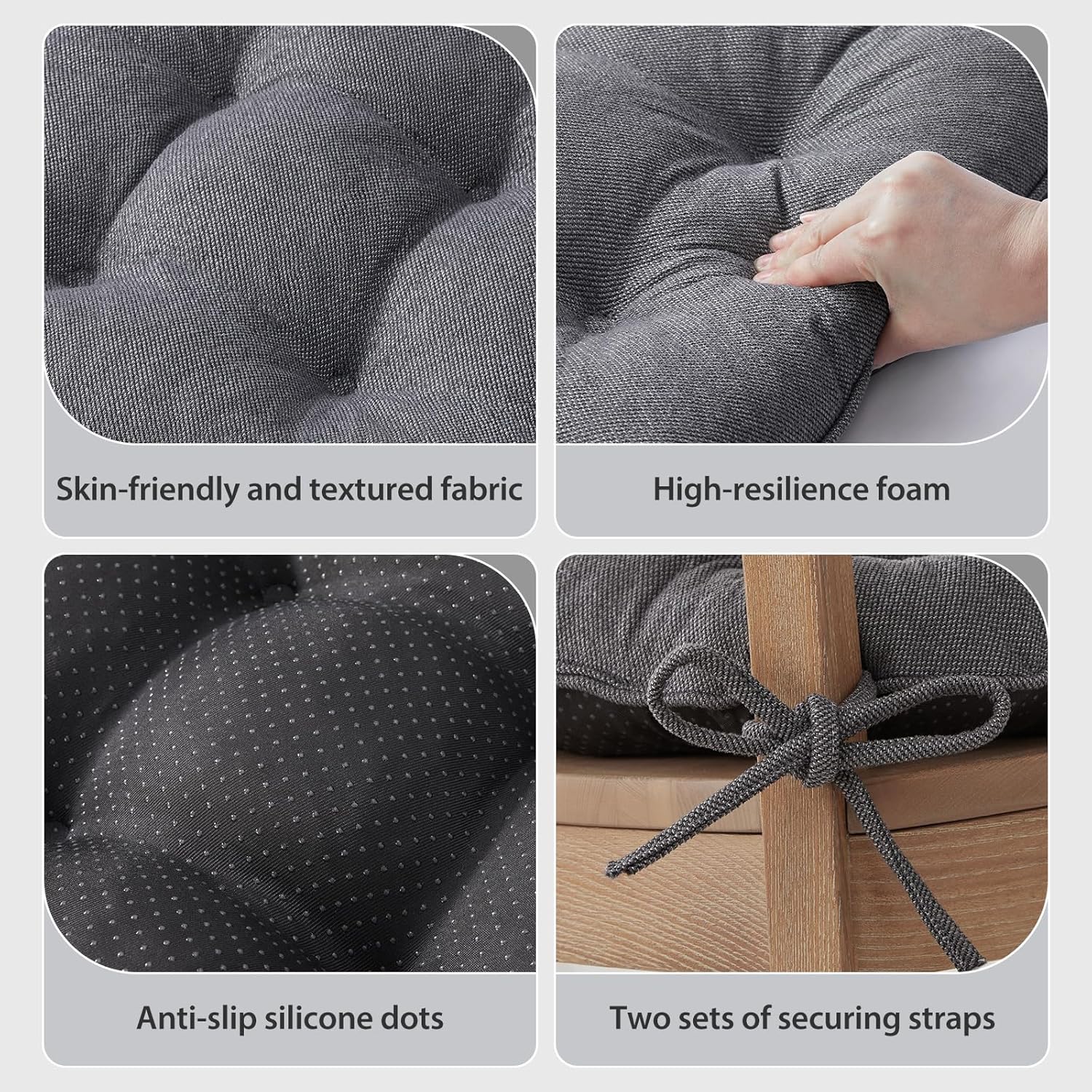 Chair Cushions for Dining Chairs, Kitchen Chair Cushions Set of 4, Seat Cushion with Ties, Tufted Chair Pads for Dining Chairs with Non Slip Backing, 15.5 x 15.5 x 4, Dark Grey - Image 4