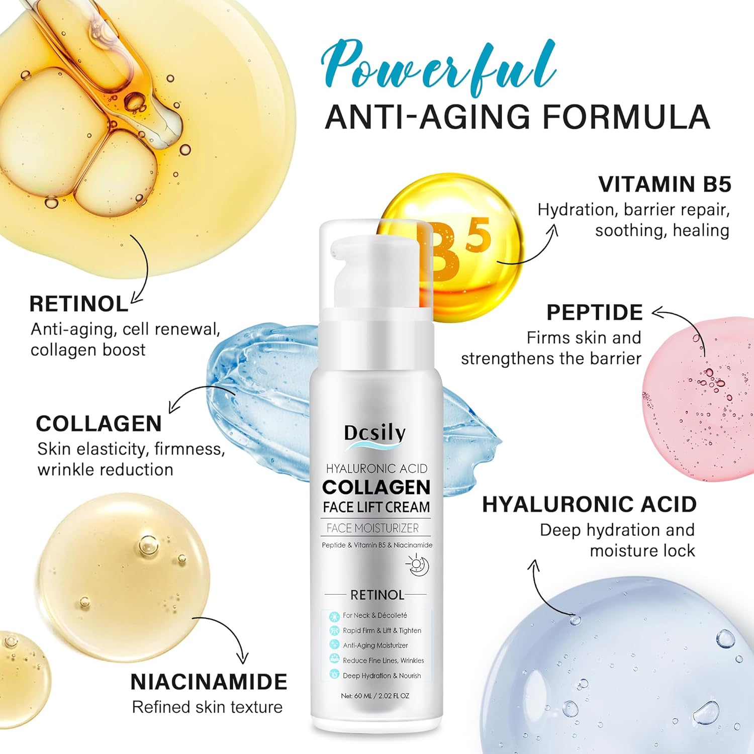 Tighten and Lift Neck Cream: Instant Face Lift Cream - 6-in-1 Anti-Aging Face Moisturizer for Anti-Wrinkle, Firm - Collagen, Retinol, Peptides & Hyaluronic Acid Neck Firming Cream for Skin Care - Image 3