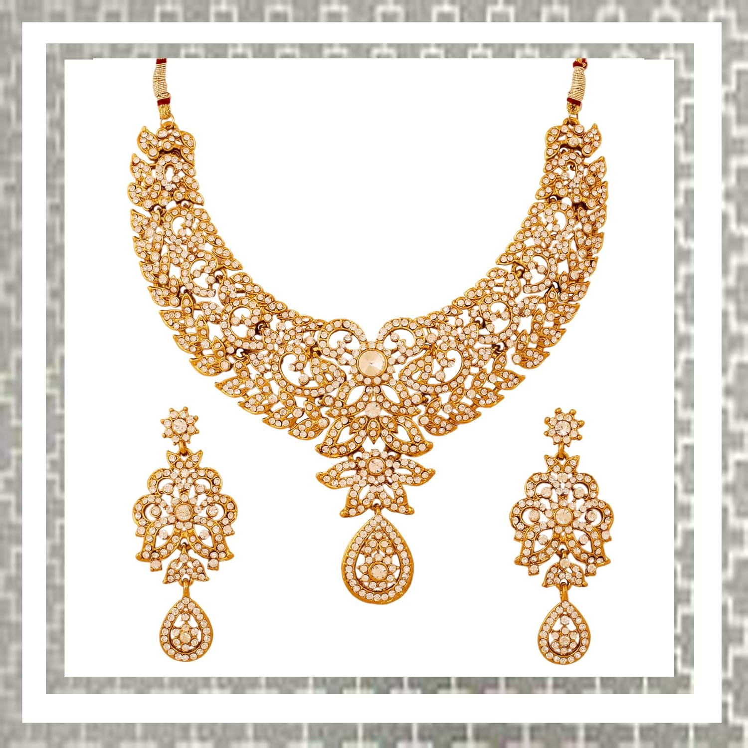 Touchstone Hollywood Glamour Pretty Filigree Paisley Motif Rhinestones Studded Diamond Look Designer Bridal Jewelry Hasli Necklace Set For Women In Antique Gold or White or Silver Tone. - Image 4