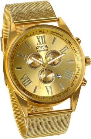 JewelryWe Luxury Men’s 3 Eyes Calendar Watch Stainless Steel Mesh Band Quartz Wrist Watches for Xmas Christmas Gold Black Silver for Christmas