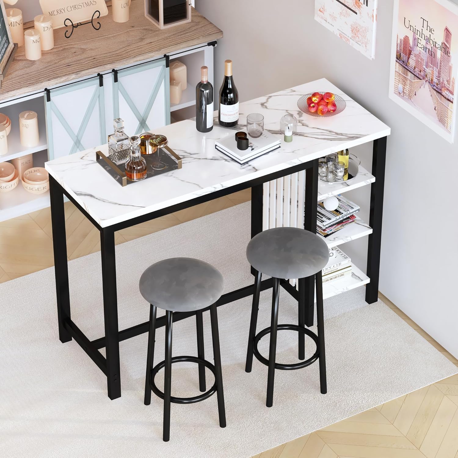 Lamerge Kitchen Furniture Bar Height Table and Chairs for 2 People, 4-Tier Compact Dining Room Table, White Faux Marble Top and 2 Grey Velvet Upholstered Seat, Modern Dining Set for Home/Studio/Office - Image 5