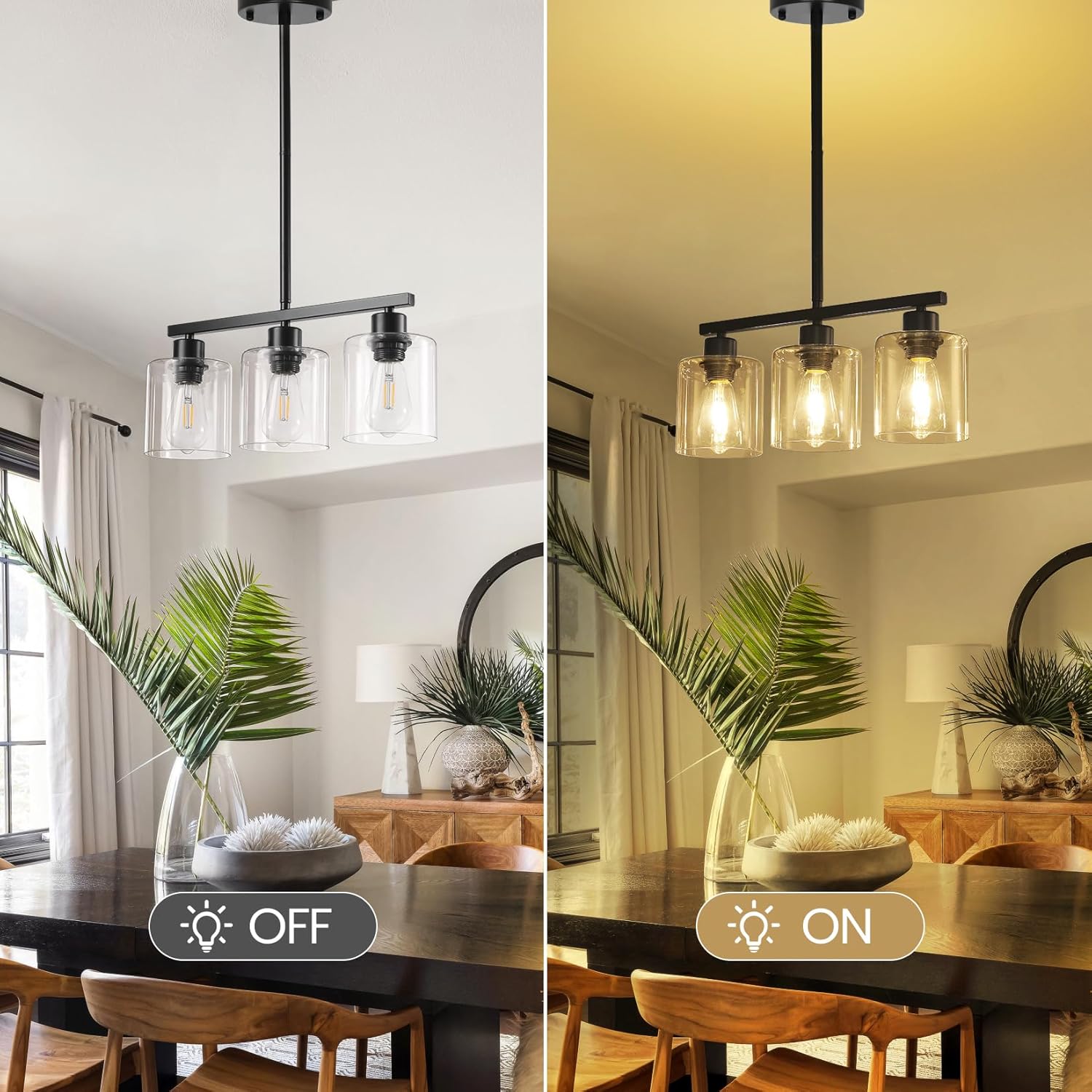 3-Light Kitchen Island Lighting, Black Pendant Light Fixture, Farmhouse Dining Room Light Fixtures Over Table, Modern Hanging Light Fixtures with Clear Glass, E26 Base, Bulbs Not Included - Image 5